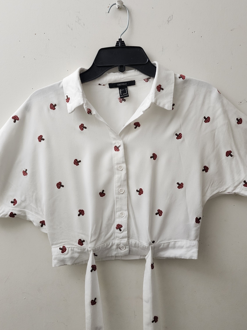 Forever 21 Crop Button Up Top Tie Waist S Mushroom Embroidery Cottage Goblin